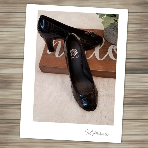 Yellow Box Shoes - Yellow Box Croc Print Black Peep Toe Pumps